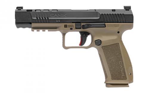 CANIK TP9, METE SFx, Striker Fired, Semi-automatic, Polymer Frame Pistol, Full Size, 9MM, 5.2" Barrel, Black Slide, Tan Frame, 3 Dot White Sights, Flared Magwell, Holster Fit and Lock, Optic Ready, 2 Magazines, (1)-18 Round and (1)-20 Round HG5635-N