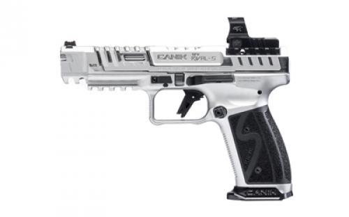 CANIK SFX Rival-S, Striker Fire, Semi-automatic, Steel Frame Pistol, Full Size, 9MM, 5" Barrel, Chrome Finish, MeCanik MO2 Red Dot Sight, Fiber Optic Front Sight, Co-Witness Sights, 18 Rounds, 2 Magazines, Includes Competition Holster, (5) Optic Plates, (3) Sized Grips, (2) Aluminum Magazine Base Plates, Speed Loader, Cleaning Kit, Tool Kit & Punch HG7607C-N