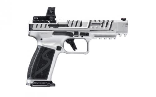 CANIK SFX Rival-S, Striker Fire, Semi-automatic, Steel Frame Pistol, Full Size, 9MM, 5" Barrel, Chrome Finish, MeCanik MO2 Red Dot Sight, Fiber Optic Front Sight, Co-Witness Sights, 18 Rounds, 2 Magazines, Includes Competition Holster, (5) Optic Plates, (3) Sized Grips, (2) Aluminum Magazine Base Plates, Speed Loader, Cleaning Kit, Tool Kit & Punch HG7607C-N