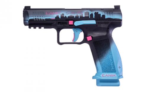 CANIK Signature Series, METE SFT, Striker Fired, Semi-automatic, Polymer Frame Pistol, Full Size, 9MM, 4.46" Barrel, Cerakote Finish, Miami Nights, 3 Dot White Sights, Flared Magwell, Optics Ready, 2 Magazines, (1)-18 Round and (1)-20 Round, Includes Hard Case, E-Z loader, (1) Extra Back Strap, (2) Optics Bases, Reversible IWB/OWB Holster, Canik punch and Toolkit, Cleaning Kit HG7