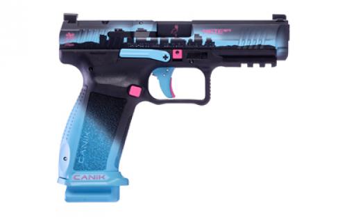 CANIK Signature Series, METE SFT, Striker Fired, Semi-automatic, Polymer Frame Pistol, Full Size, 9MM, 4.46" Barrel, Cerakote Finish, Miami Nights, 3 Dot White Sights, Flared Magwell, Optics Ready, 2 Magazines, (1)-18 Round and (1)-20 Round, Includes Hard Case, E-Z loader, (1) Extra Back Strap, (2) Optics Bases, Reversible IWB/OWB Holster, Canik punch and Toolkit, Cleaning Kit HG7