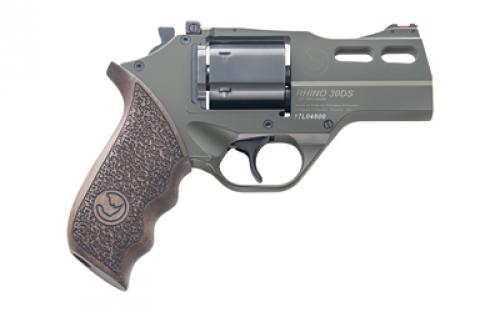 Chiappa Firearms Rhino 30DS Revolver, Double Action/Single Action, 357 Magnum/38 Special, 3" Barrel, Alloy, Olive Drab Green, Walnut Grips, Fiber Optic Front Sight, Adjustable Rear Sight, 6 Rounds, 3 Moon Clips 340.285