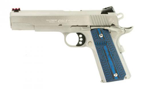 Colt's Manufacturing Competition SS, Semi-automatic, Metal Frame Pistol, Full Size, 38 Super, 5" Barrel, Steel, Stainless Finish, G10 Checkered Blue Grips, Novak Red Fiber Optic Front Sight, Novak Adjustable Rear Sight, 9 Rounds, Series 70 Firing System O1073CCS