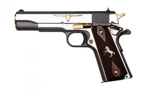 Colt's Manufacturing Government Model, Texas Longhorn TALO, 1911 Classic, Semi-automatic, Metal Frame Pistol, Full Size, 45ACP, 5" Barrel, Steel Construction, Stainless Finish, 7 Rounds, 1 Magazine, High Polished Flats, High Polished Gold Hardware, Longhorn Custom Grips, CLHXXX Serial Number Range, Limited Run of 500 units O1911C-SS