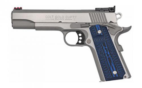 Colt's Manufacturing Gold Cup Lite, 1911, Semi-automatic, Metal Frame Pistol, Full Size, 45ACP, 5" Barrel, Steel, Brushed Stainless Finish, G10 Grips, Fiber Optic Front & Adjustable Rear Sights, 8 Rounds, 1 Magazine, Upswept Beavertail Grip Safety O5070GCL