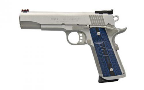 Colt's Manufacturing Gold Cup Trophy, 1911, Semi-automatic, Metal Frame Pistol, Full Size, 9MM, 5" Barrel, Steel, Stainless Finish, G10 Checkered Blue Grips with Scallop, Bomar Style Rear Sight, 9 Rounds, 1 Magazine O5072XE