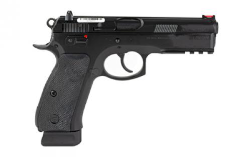 CZ 75 SP-01, Double Action/Single Action, Semi-automatic, Metal Frame Pistol, Full Size, 9MM, 4.6" Barrel, Steel, Polycoat Finish, Black, Black Rubber Grips, Fiber Optic Front/Fixed Rear, Manual Safety, 19 Rounds, 2 Magazine 89152