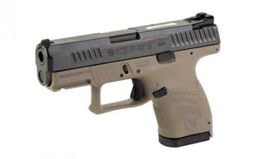 CZ P-10 S, Striker Fired, Semi-automatic, Polymer Frame Pistol, Sub-compact, 9MM, 3.5" Barrel, Nitride Slide Finish, Flat Dark Earth, 3 Interchangeable Backstraps, Fixed Sights, Integrated Trigger Safety, 12 Rounds, 2 Magazine, Reversible Magazine Catch 89561