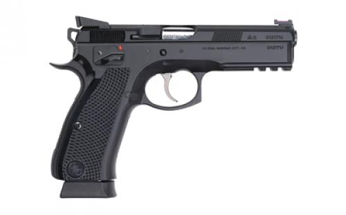 CZ Custom CZ SP01 Shadow Custom, Double Action/Single Action, Semi-automatic, Metal Frame Pistol, Full Size, 9MM, 4.6" Barrel, Steel, Polycoat Finish, Black, Aluminum Grips, Fiber Optic Front/Fixed Rear, Manual Safety, 19 Rounds, 2 Magazines 91031