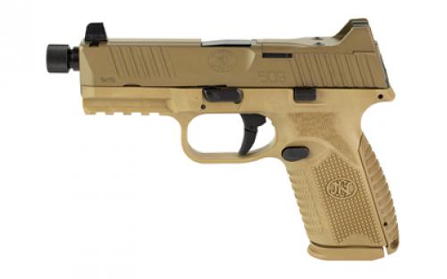 FN America FN509M Tactical, Striker Fire, Semi-automatic, Polymer Frame Pistol, Mid-Size, 9MM, 4.5 Threaded Barrel, PVD Finish, Flat Dark Earth, Interchangeable Grips, Suppressor Height Night Sights, Non-Manual Safety, 2 Magazines - (1)-15 Round, (1)-24 Round, Optics Ready 66-100745