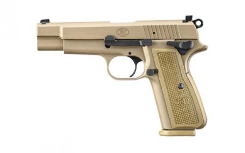 FN America High Power, Single Action, Semi-automatic, Metal Frame Pistol, Full Size, 9MM, 4.7 Target-crowned Hammer Forged Barrel, PVD Finish, Flat Dark Earth, 2 Polymer Grip Pairs, Driftable Dovetail Sights, Ambidextrous Safety, 10 Rounds, 2 Magazines, Includes Zippered Ballistic Range Bag 66-101117