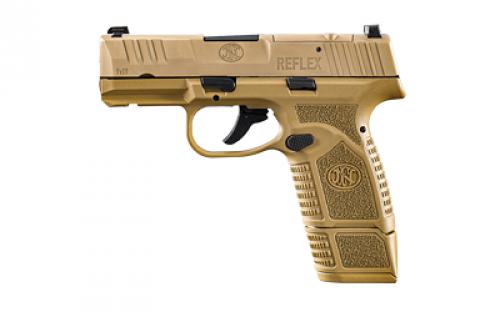 FN America Reflex MRD, Semi-automatic Pistol, Polymer Frame, Internal Hammer Fired, Single Action Only, Micro Compact, 9MM, 3.3 Cold Hammer Forged Barrel, PVD Finish, Flat Dark Earth, Optics Ready, Non-Manual Safety, Tritium Front Sight, 2 Dot Rear Sight, 2 Magazines, (1) 15 Round, (1) 11 Round 66-101411