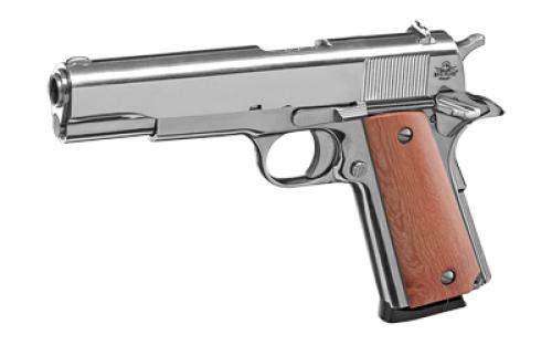 Armscor GI Standard FS Nickel, 1911, Semi-automatic, Metal Frame Pistol, Full Size, 45ACP, 5" Barrel, Steel, Polished Nickel Finish, Wood Grips, Fixed Sights, 8 Rounds, 1 Magazine 51433