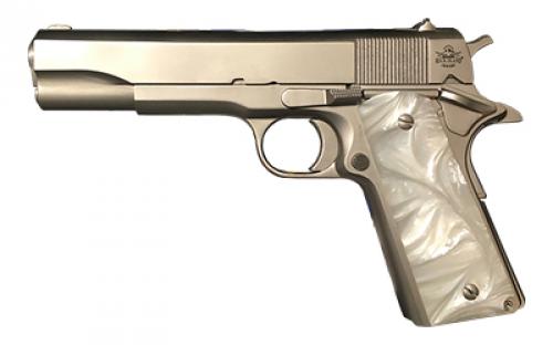 Armscor GI Standard, 1911, Semi-automatic, Metal Frame Pistol, Full Size, 45ACP, 5 Barrel, Steel, Polished Nickel Finish, White Grips, Fixed Sights, 8 Rounds, 1 Magazine 56418