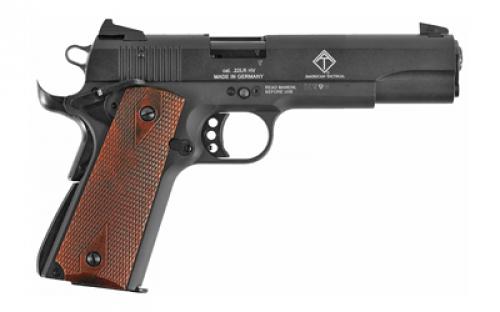 American Tactical M1911, Single Action, Semi-automatic, Metal Frame Pistol, Full Size, 22LR, 5" Barrel, Threaded M9x.75mm, Alloy, Blued Finish, Wood Grips, 10 Rounds, 1 Magazine GERG2210M1911