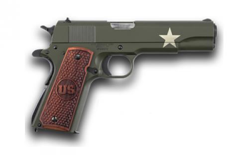 Auto Ordnance 1911 Tanker, Semi-automatic, Metal Frame Pistol, Full Size, 45ACP, 5 Barrel, Steel, Cerakote Finish, Olive Drab Green with White Star, Wood US Grips, 7 Rounds, 1 Magazine 1911BKOC11