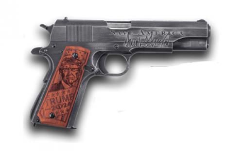 Auto Ordnance 1911, Trump Saves America, Semi-automatic, Metal Frame Pistol, Full Size, 45ACP, 5 Barrel, Steel, Cerakote Finish, Savage Stainless and Armor Black Distressed, Trump Wood Grips, 7 Rounds, 1 Magazine 1911BKOC12