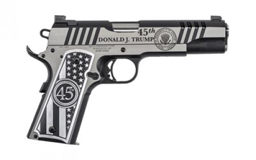 Auto Ordnance 1911, Trump One, Semi-automatic Pistol, 1911, Full Size, Metal Frame, 45 ACP, 5 Barrel, Stainless Steel Finish, Black and Silver, Custom Engraving, Custom Engraved Grips, 3 Dot Sights, Manual Safety, 7 Rounds, 1 Magazine 1911TCAC14