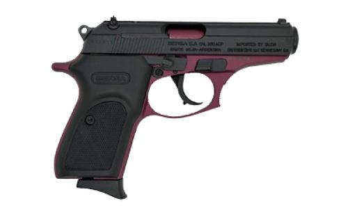 Bersa Thunder, Double Action/Single Action, Semi-automatic, Metal Frame Pistol, Compact, 380ACP, 3.5" Barrel, Alloy, Matte Finish, Black Slide with Black Cherry Frame, Polymer Grips, Fixed Sights, 8 Rounds, 1 Magazine T380BCH8