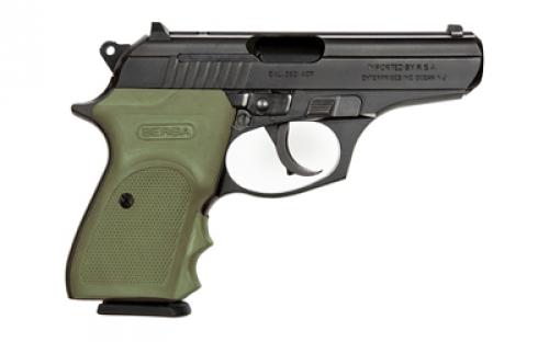 Bersa Thunder, Combat, Double Action/Single Action, Semi-automatic, Metal Frame Pistol, Compact, 380ACP, 3.5" Barrel, Alloy, Matte Finish, Black, Green Polymer Grips, Fixed Sights, 8 Rounds, 1 Magazine T380MC