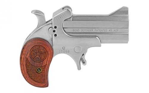 Bond Arms Cowboy Defender, Derringer, 45ACP, 3" Barrel, Steel, Silver, Rosewood Grips, Fixed Sights, 2 Rounds CD45ACP