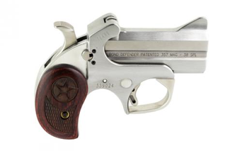 Bond Arms Texas Defender, Derringer, 357 Magnum, 3" Barrel, Steel, Silver, Rosewood Grips, Fixed Sights, 2 Rounds, With Trigger Guard TD357MAG