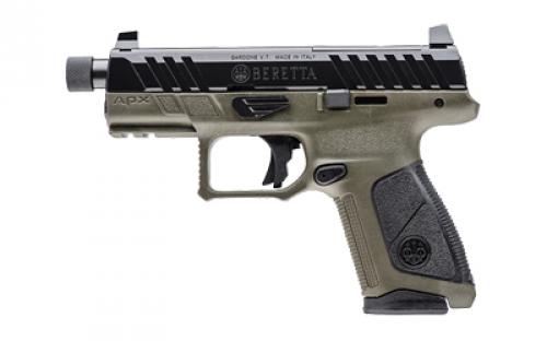 Beretta APX, A1 Tactical, Striker Fired, Semi-automatic, Polymer Frame Pistol, Compact, 9MM, 4.2 Threaded Barrel, 1/2x24, Matte Finish, Black Slide, Olive Drab Green Frame, Optics Ready, Trigger Safety, Blackout Suppressor Height Sights, Interchangeable Back Straps, 10 Rounds, 3 Magazines JAXA1C910TAC