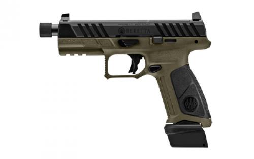 Beretta APX, A1 Tactical, Striker Fired, Semi-automatic, Polymer Frame Pistol, Full Size, 9MM, 4.8 Threaded Barrel, 1/2x24, Matte Finish, Black Slide, Olive Drab Green Frame, Optics Ready, Trigger Safety, Blackout Suppressor Height Sights, Interchangeable Back Straps, 21 Rounds, 3 Magazines JAXA1F921TAC