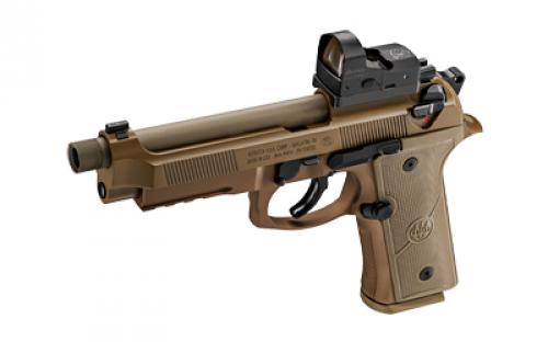 Beretta M9A4 Optics Bundle, Double Action/Single Action, Semi-automatic, Mid Size, Metal Frame Pistol, 9MM,  5.2 Threaded Barrel, 1/2x28 Thread Pitch, Aluminum, Cerakote Finish, Flat Dark Earth, Polymer Grip, Tritium Night Sights, Steiner MPS Optic, Decocker, Front Picatinny Rail, 18 Rounds, 3 Magazines JM9A4G18CO