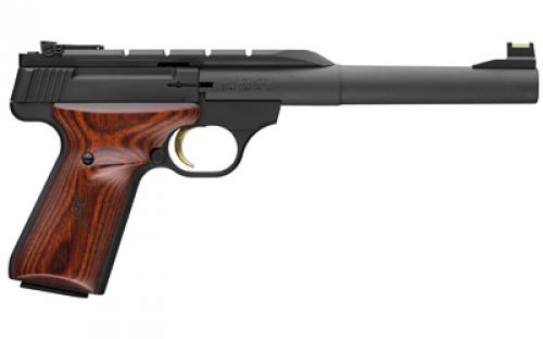 Browning Buck Mark, Hunter, Semi-automatic, Metal Frame Pistol, 22LR, 7.25 Bull Barrel, Aluminum, Matte Finish, Black, Wood Grips, Fiber Optic Front Sight, 10 Rounds, 1 Magazine 051499490