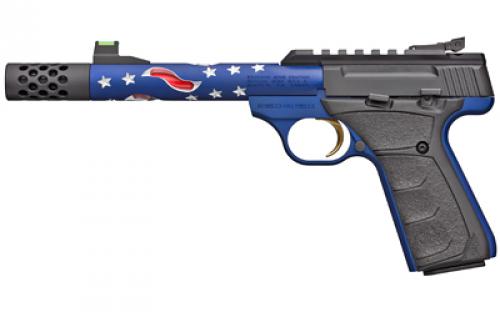 Browning Buck Mark Plus Vision, Semi-automatic, Metal Frame Pistol, 22LR, 5.875 Threaded Skeletonized Barrel, Threaded 1/2x28, Aluminum, Red Cerakote Finish on Inner Barrel, Blue Anodized Finish on Outer Barrel with Stars, UFX Grips, Adjustable Rear Sight/Fiber Optic Front Sight, 10 Rounds, 2 Magazines, Compensator 051572490