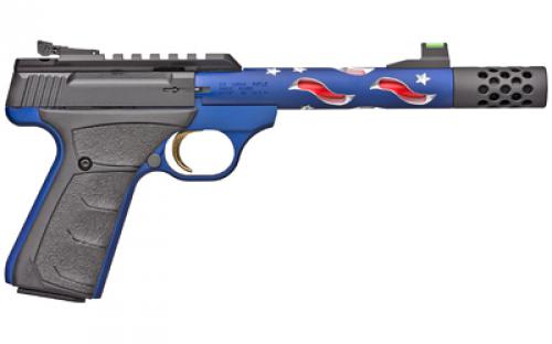 Browning Buck Mark Plus Vision, Semi-automatic, Metal Frame Pistol, 22LR, 5.875" Threaded Skeletonized Barrel, Threaded 1/2x28, Aluminum, Red Cerakote Finish on Inner Barrel, Blue Anodized Finish on Outer Barrel with Stars, UFX Grips, Adjustable Rear Sight/Fiber Optic Front Sight, 10 Rounds, 2 Magazines, Compensator 051572490