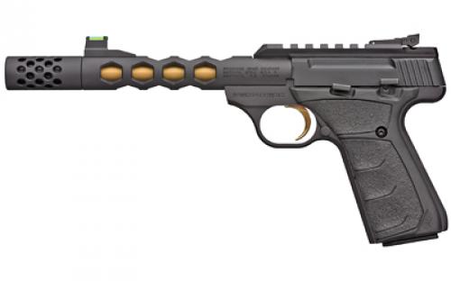 Browning Buck Mark Plus Vision, Semi-automatic, Metal Frame Pistol, 22LR, 5.875 Threaded Skeletonized Barrel, Threaded 1/2x28, Aluminum, Gold Cerakote Finish on Inner Barrel, Black Anodized Finish on Outer Barrel, UFX Grips, Adjustable Rear Sight/Fiber Optic Front Sight, 10 Rounds, 2 Magazines, Compensator 051573490