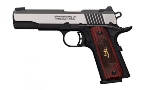 Browning 1911-380 Black Label Medallion Pro, Semi-automatic, Polymer Frame Pistol, 380ACP, 4.25 Barrel, Black Frame, Stainless Slide Finish, Wood Grips, 8 Rounds, 2 Magazines 051912492