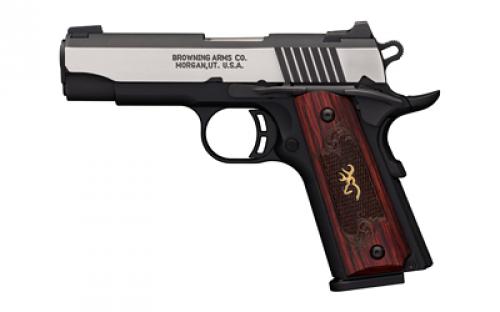 Browning 1911-380 Black Label Medallion Pro Compact, Semi-automatic, Polymer Frame Pistol, 380ACP, 3.63 Barrel, Black Frame, Stainless Slide Finish, Wood Grips, 8 Rounds, 1 Magazine 051913492