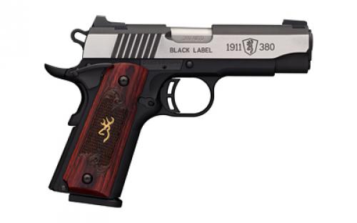 Browning 1911-380 Black Label Medallion Pro Compact, Semi-automatic, Polymer Frame Pistol, 380ACP, 3.63" Barrel, Black Frame, Stainless Slide Finish, Wood Grips, 8 Rounds, 1 Magazine 051913492