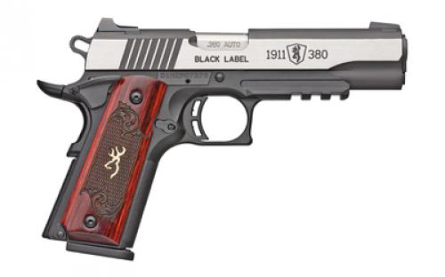 Browning 1911-380, Black Label Medallion Pro, Semi-automatic, Polymer Frame Pistol, 380ACP, 4.25" Barrel, Matte Finish, Black and Silver, Laminate Grips, White 3 Dot Sights, Ambidextrous Thumb Safety, 8 Rounds, 2 Magazines 051969492