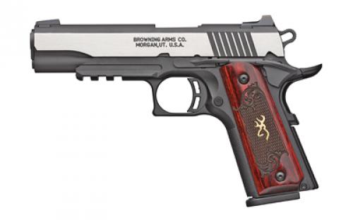 Browning 1911-380, Black Label Medallion Pro, Semi-automatic, Polymer Frame Pistol, Compact, 380ACP, 3.625 Barrel, Matte Finish, Black and Silver, Laminate Grips, White 3 Dot Sights, Ambidextrous Thumb Safety, 8 Rounds, 2 Magazines 051970492