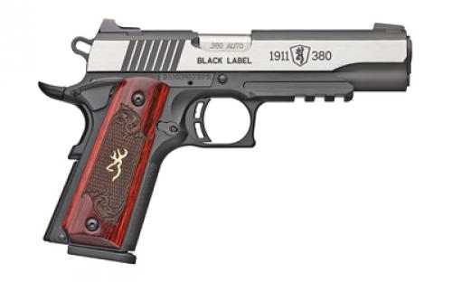 Browning 1911-380, Black Label Medallion Pro, Semi-automatic, Polymer Frame Pistol, Compact, 380ACP, 3.625" Barrel, Matte Finish, Black and Silver, Laminate Grips, White 3 Dot Sights, Ambidextrous Thumb Safety, 8 Rounds, 2 Magazines 051970492