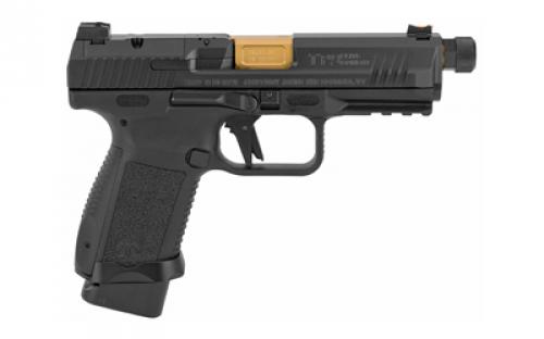 CANIK TP9SF Combat Executive, Striker Fired, Semi-automatic, Polymer Frame Pistol, 9MM, 4.73" Salient PVD Gold Finish Threaded Barrel, Aluminum Speed Funnel Mag Well, Black, Fiber Optic Front Sight, 2 Magazines, (1)-15 Round and (1)-18 Round, Optics Ready Slide with 1 Adapter Plate, Charging Handle HG4950-N