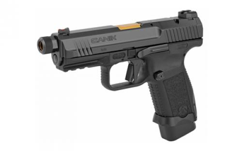 CANIK TP9SF Combat Executive, Striker Fired, Semi-automatic, Polymer Frame Pistol, 9MM, 4.73" Salient PVD Gold Finish Threaded Barrel, Aluminum Speed Funnel Mag Well, Black, Fiber Optic Front Sight, 2 Magazines, (1)-15 Round and (1)-18 Round, Optics Ready Slide with 1 Adapter Plate, Charging Handle HG4950-N