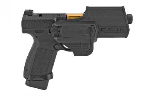 CANIK TP9SF Combat Executive, Striker Fired, Semi-automatic, Polymer Frame Pistol, 9MM, 4.73" Salient PVD Gold Finish Threaded Barrel, Aluminum Speed Funnel Mag Well, Black, Fiber Optic Front Sight, 2 Magazines, (1)-15 Round and (1)-18 Round, Optics Ready Slide with 1 Adapter Plate, Charging Handle HG4950-N