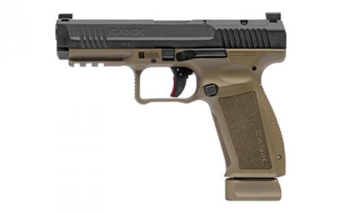 CANIK TP9, METE SFT, Striker Fired, Semi-automatic, Polymer Frame Pistol, Full Size, 9MM, 4.47" Barrel, Black Slide, Tan Frame, 3 Dot White Sights, Flared Magwell, Holster Fit and Lock, Optics Ready, 2 Magazines, (1)-18 Round and (1)-20 Round HG5636-N