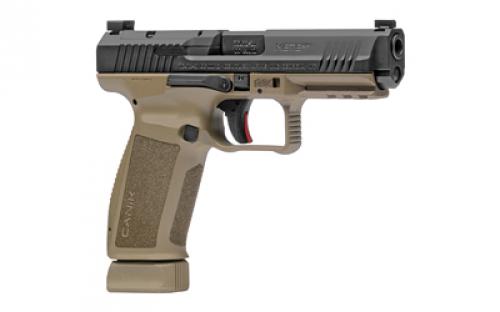 CANIK TP9, METE SFT, Striker Fired, Semi-automatic, Polymer Frame Pistol, Full Size, 9MM, 4.47" Barrel, Black Slide, Tan Frame, 3 Dot White Sights, Flared Magwell, Holster Fit and Lock, Optics Ready, 2 Magazines, (1)-18 Round and (1)-20 Round HG5636-N