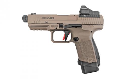 CANIK TP9SF Combat, Striker Fired, Semi-automatic, Polymer Frame Pistol, 9MM, 4.78 Threaded Barrel, Aluminum Speed Funnel Mag Well, Flat Dark Earth, Fiber Optic Front Sight, 2 Magazines, (1)-15 Round and (1)-18 Round, Vortex Viper Red Dot, Charging Handle, Holster HG6481DV-N