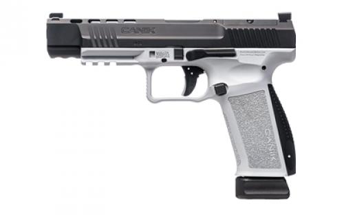 CANIK TP9, METE SFx, Striker Fired, Semi-automatic, Polymer Frame Pistol, Full Size, 9MM, 5.2 Barrel, Cerakote Finish, Black Slide, White Frame, 3 Dot White Sights, Flared Magwell, Optic Ready, 2 Magazines, (1)-18 Round and (1)-20 Round, Includes Reversable OWB/IWB Holster and Hard Case HG6977-N