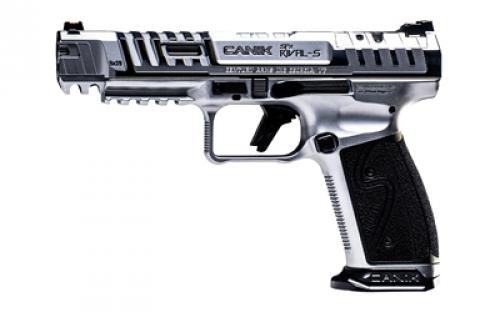 CANIK SFX Rival-S, Striker Fire, Semi-automatic, Steel Frame Pistol, Full Size, 9MM, 5" Barrel, Chrome Finish, Optics Ready, Fiber Optic Front Sight, Co-Witness Sights, 18 Rounds, 2 Magazines, Includes Competition Holster, (5) Optic Plates, (3) Sized Grips, (2) Aluminum Magazine Base Plates, Speed Loader, Cleaning Kit, Tool Kit & Punch HG7010C-N