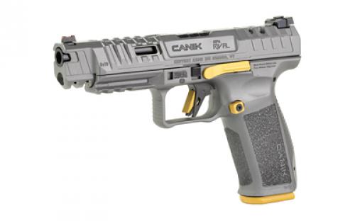 CANIK SFX Rival, Striker Fire, Semi-automatic Pistol, Full Size, Polymer Frame Pistol, 9MM, 5" Barrel, Matte Finish, Canik Gray w/Gold Accents, 18 Rounds, 2 Magazines, Includes MeCanik MO2 Optic HG7160T-N