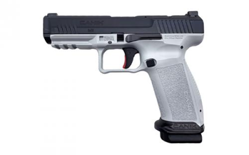 CANIK TP9, METE SFT, Striker Fired, Semi-automatic, Polymer Frame Pistol, Full Size, 9MM, 4.47 Barrel, Black Slide, White Frame, 3 Dot White Sights, Flared Magwell, Holster Fit and Lock, Optics Ready, 2 Magazines, (1)-18 Round and (1)-20 Round HG7415-N