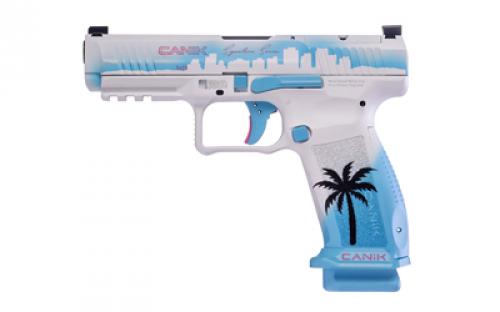 CANIK Signature Series, METE SFT, Striker Fired, Semi-automatic, Polymer Frame Pistol, Full Size, 9MM, 4.46" Barrel, Cerakote Finish, Miami Days, 3 Dot White Sights, Flared Magwell, Optics Ready, 2 Magazines, (1)-18 Round and (1)-20 Round, Includes Hard Case, E-Z loader, (1) Extra Back Strap, (2) Optics Bases, Reversible IWB/OWB Holster, Canik punch and Toolkit, Cleaning Kit HG761